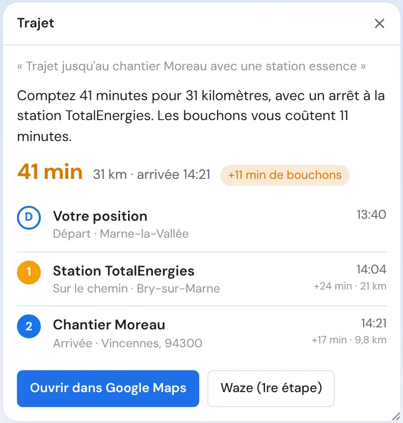 La fenêtre Trajet : 41 minutes pour 31 kilomètres dont 11 minutes de bouchons, avec un arrêt à une station essence.